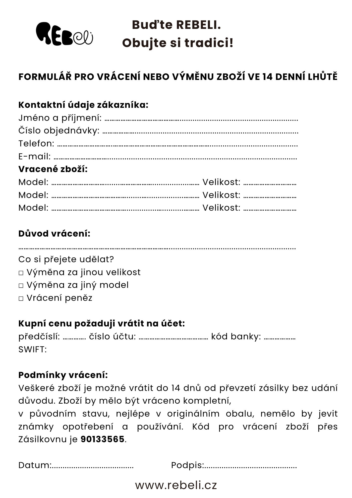 formular pro vraceni a vymenu